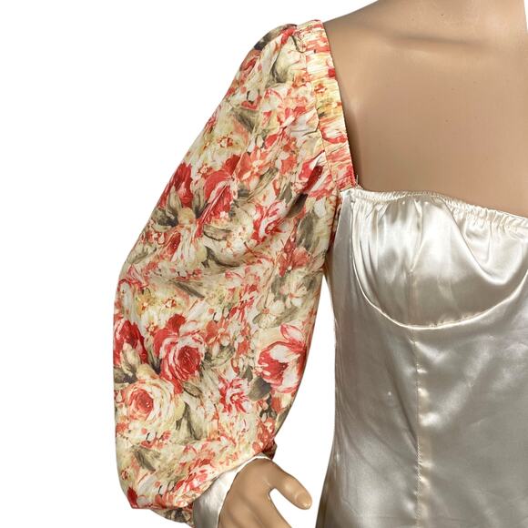 Cider NEW Museum Date Floral Puff Sleeve Satin Bustier Mini Dress SZ M - Picture 5 of 9